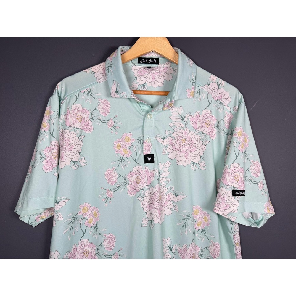 Bad Birdie Mens Medium Mint Green Pink Floral Peony Golf Polo Shirt Short Sleeve